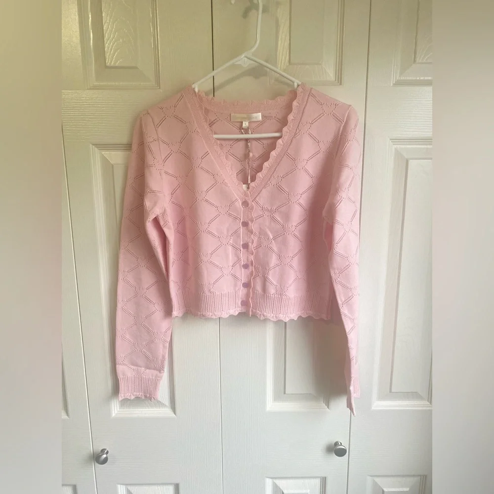 NWT LoveShackFancy Petra Knit Heart Argyle Cardigan Velour Pink - Picture 4 of 13